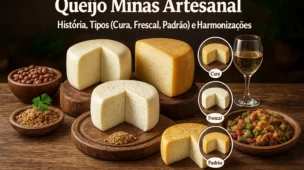 Descubra a história do Queijo Minas Artesanal. Conheça os tipos (Frescal, Curado) e aprenda as melhores harmonizações, incluindo o match com cachaça.